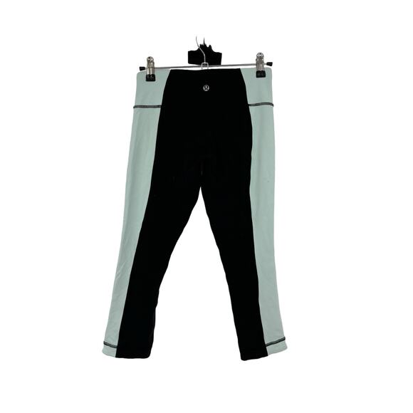 Lululemon Leggings Womens 4 Wunder Under Bonded Stripe Crop Black Aquamarine - Picture 2 of 4